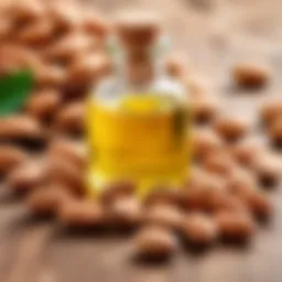 Almond oil bottle with almonds around