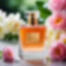 A delicate bottle of fresh perfume surrounded by blooming flowers