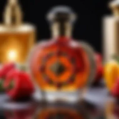 Elegant Perfume Bottle with Pepper Motifs An elegant perfume bottle adorned with pepper motifs.