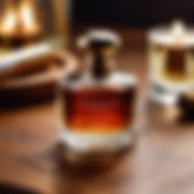 A luxurious bottle of tobacco-infused fragrance on a wooden table.