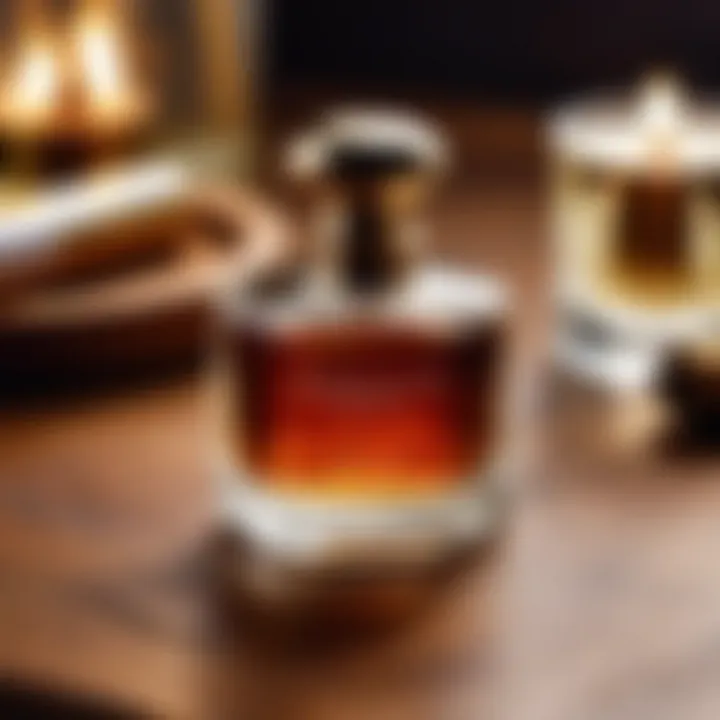 A luxurious bottle of tobacco-infused fragrance on a wooden table.