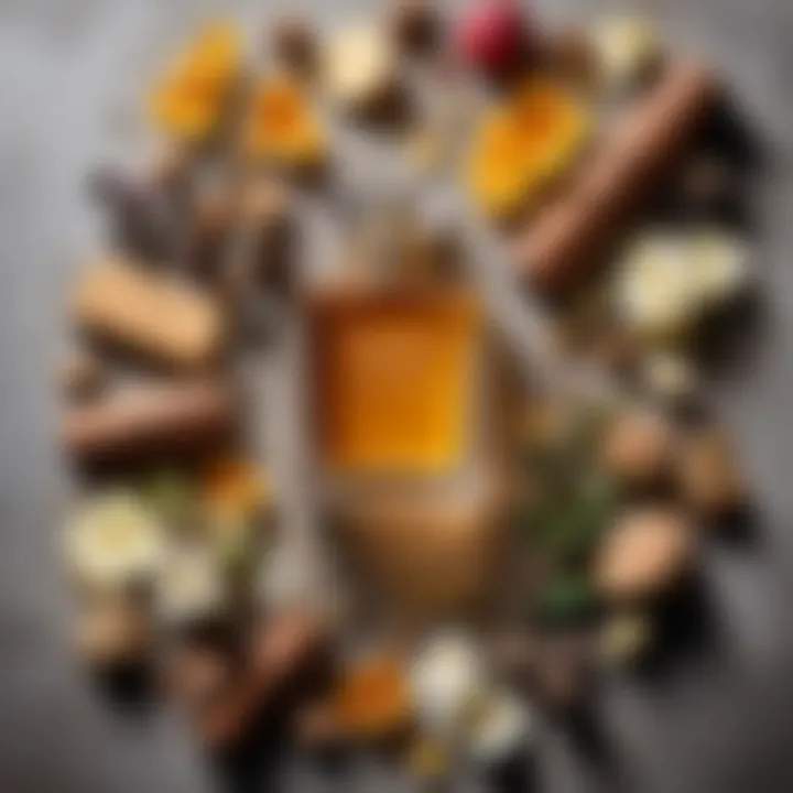 Artful arrangement of perfume notes with emphasis on woody elements