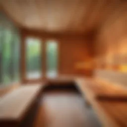 A serene view of a sauna interior with wooden benches and soft lighting