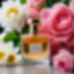 Elegant bottle of musk perfume surrounded by flowers