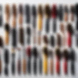 Artistic display of various hairbrushes designed for different styling techniques