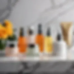 A collection of brightening skincare products on a marble countertop