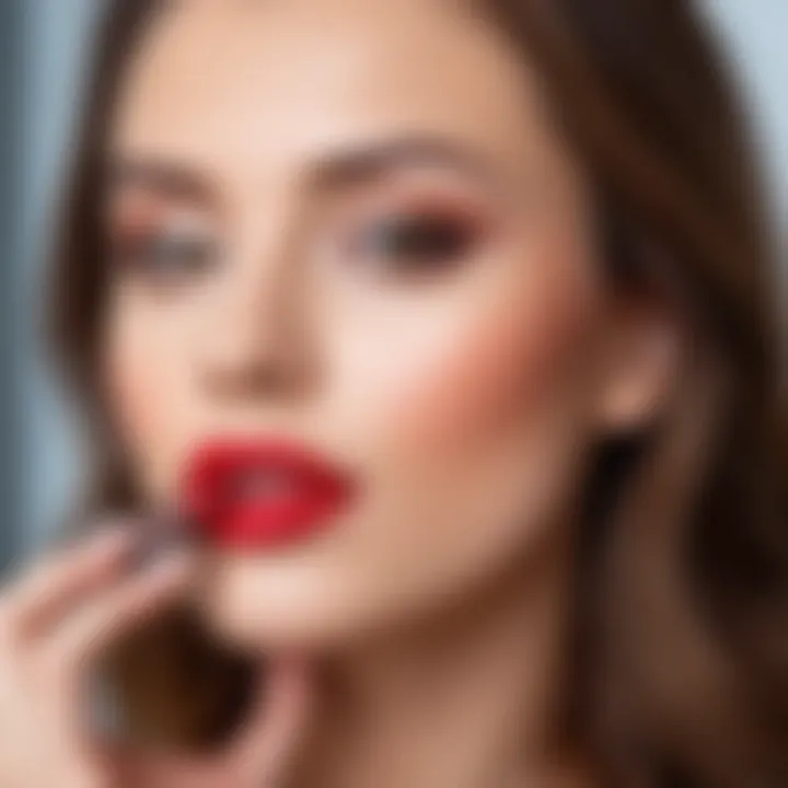 Brunette applying lipstick in a mirror