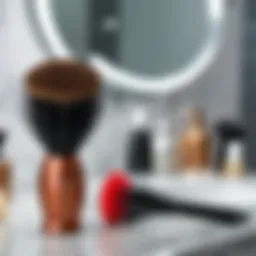 A close-up of a round brush and hair dryer on a vanity.