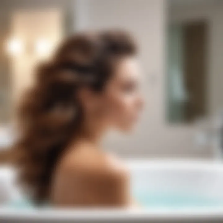 A serene bathroom scene featuring a luxurious hair care routine