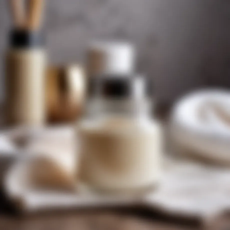 A close-up of facial cleansing milk in a glass container with a soft towel