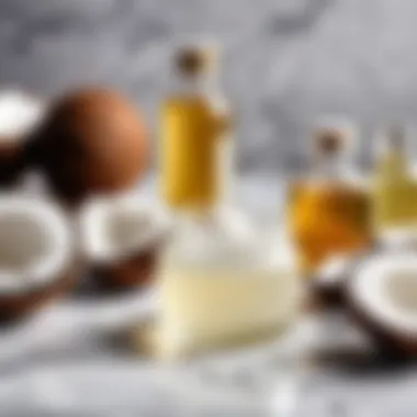 Coconut Oil and Essentials for Skincare Rituals An elegant setup with coconut oil and essential oils on a marble table
