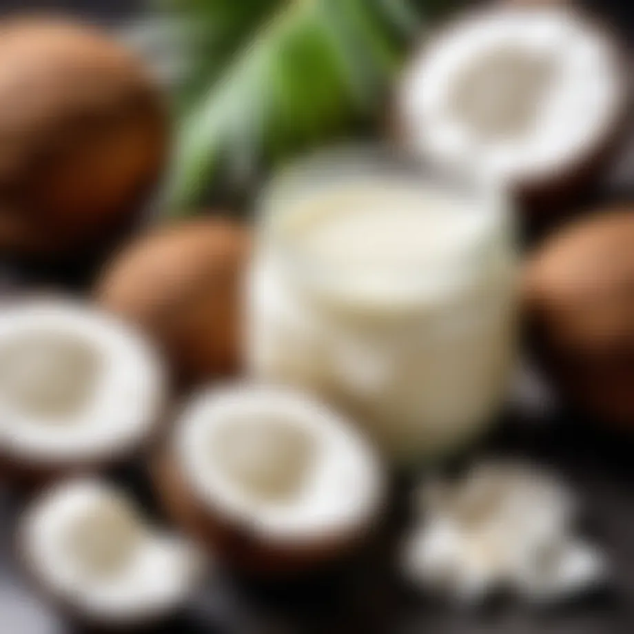 Coconut oil in a glass jar surrounded by coconuts