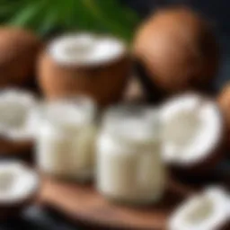 Luxurious coconut oil in a glass jar surrounded by fresh coconuts