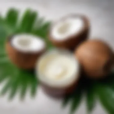 Natural Coconut Oil for Skin Care A jar of coconut oil surrounded by fresh coconuts and tropical leaves