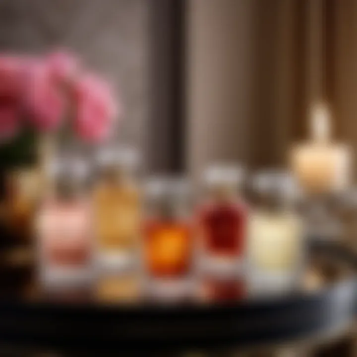 A luxurious setting with various fragrance bottles displayed