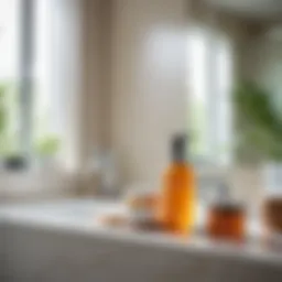 A serene bathroom setting with natural light highlighting skin care products