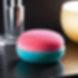 Close-up of a clean makeup sponge resting on a vanity