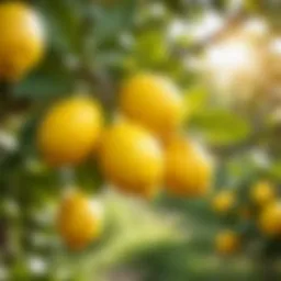 A vibrant lemon grove bathed in sunlight, showcasing ripe lemons on the tree.