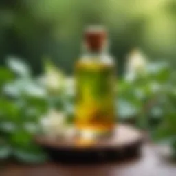 A vibrant Elemi essential oil bottle surrounded by fresh botanicals