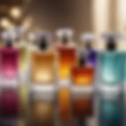 A beautifully arranged display of various perfume bottles showcasing their elegant designs.