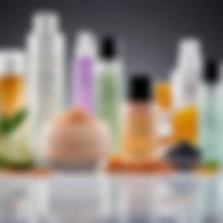 An array of exfoliating toners displayed with ingredients highlighting their active components.
