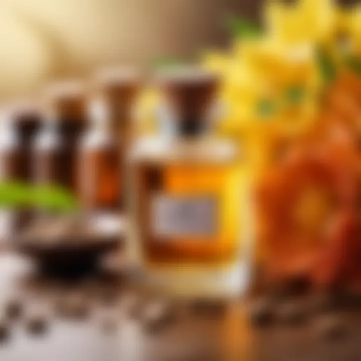 Elegant display of sandalwood essential oil with floral accents