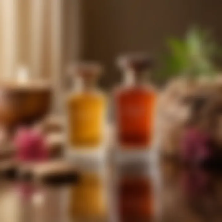 A beautifully arranged selection of perfumes with sandalwood notes
