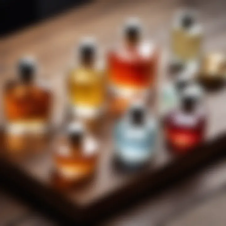 An array of fragrance notes displayed on a wooden table