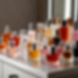 A collection of various perfume bottles arranged aesthetically on a vanity.