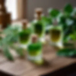 A selection of green and fresh perfumes on a wooden table