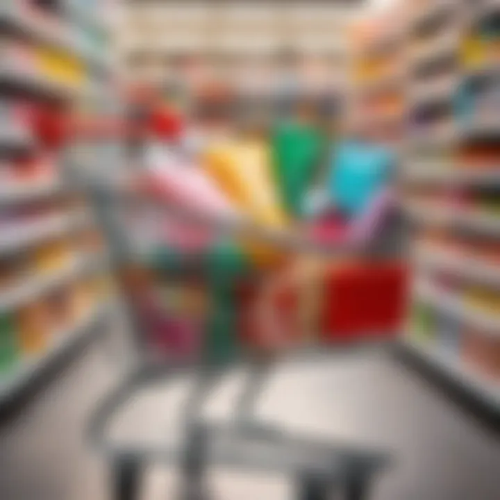 A close-up of a shopping cart filled with beauty products