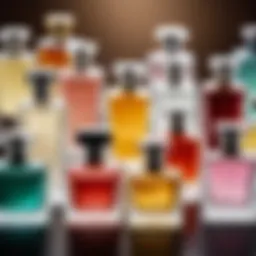 Close-up of perfume bottles arranged aesthetically