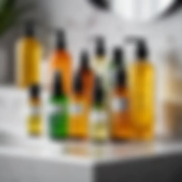 Diverse selection of cleansing oils on a bathroom counter