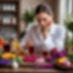 A renowned perfumer at work, surrounded by various fragrant ingredients
