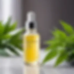 A close-up of lactic acid in a cosmetic bottle with a plant in the background