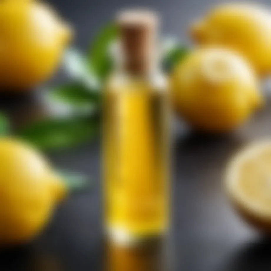 Lemon extract in a glass vial with citrus fruits