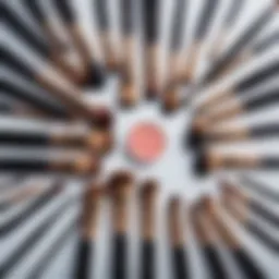 Different types of makeup brushes laid out on a vanity