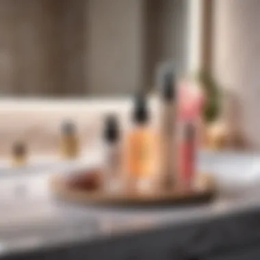 Elegant Makeup Removal Products A serene bathroom setting with gentle lighting and a collection of makeup removal products displayed elegantly.