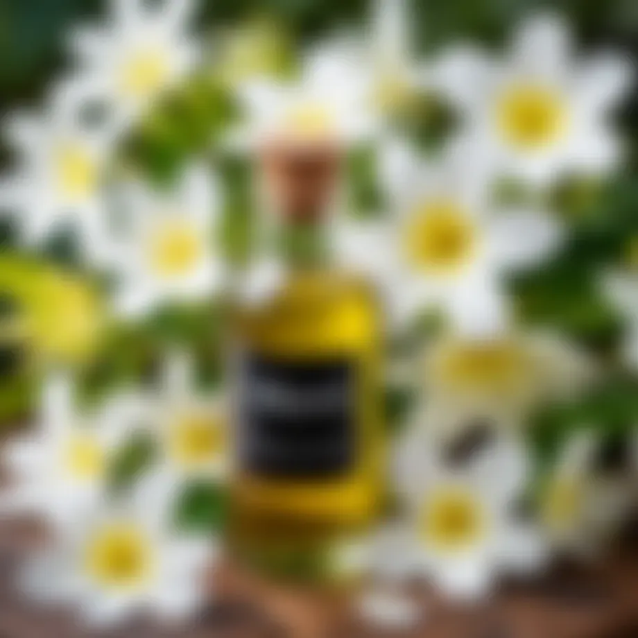 Beautiful Monoi oil in a glass bottle surrounded by Tiare flowers