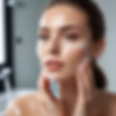 Refreshing Cleansing Ritual A serene bathroom setting showcasing the application of micellar water on a clean face.