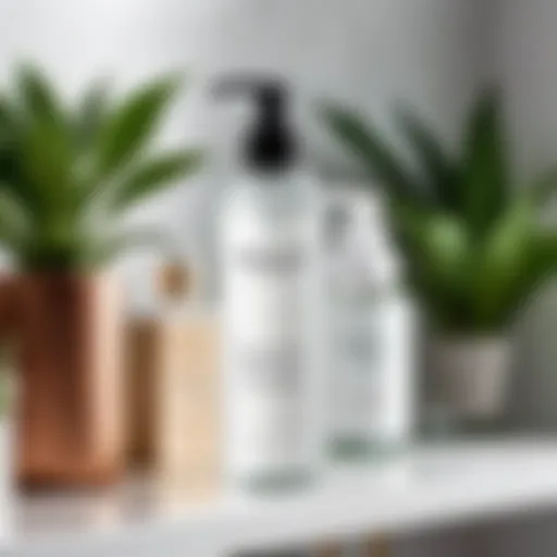 Micellar water in a stylish bottle on a bathroom shelf