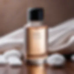 A close-up view of micellar water in a glass bottle with a soft cotton pad nearby.
