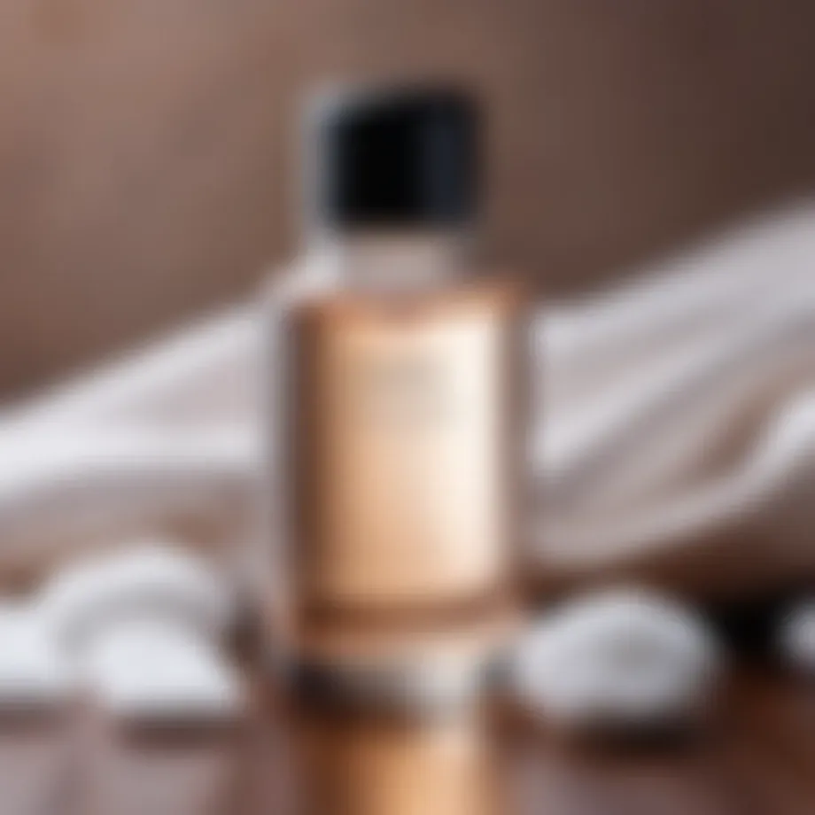 A close-up view of micellar water in a glass bottle with a soft cotton pad nearby.