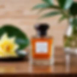 Bottle of niche perfume with elegant design on a wooden table