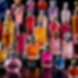 A vivid display of various perfume bottles showcasing different colors and shapes