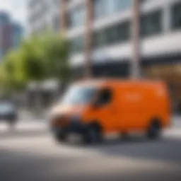 A delivery van navigating through a modern urban landscape
