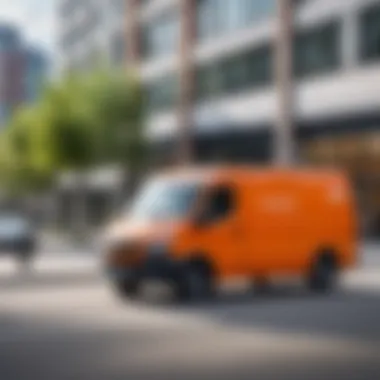 Delivery Van in Urban Environment A delivery van navigating through a modern urban landscape