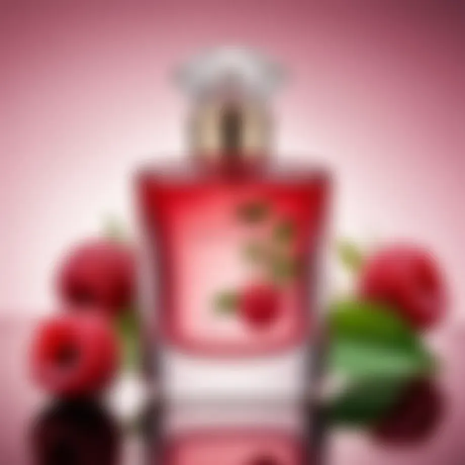 Elegant bottle of raspberry-scented perfume with floral accents