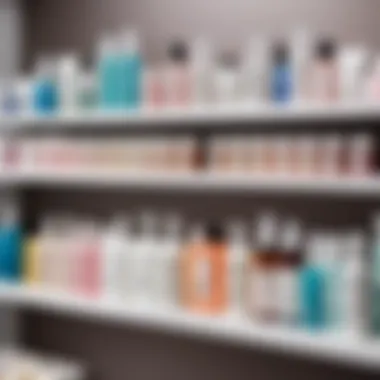 Cosmetic Shelf with Salicylic Acid Products Shelf displaying various cosmetic products containing salicylic acid