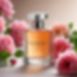 A delicate bottle of selective perfume surrounded by blooming flowers.